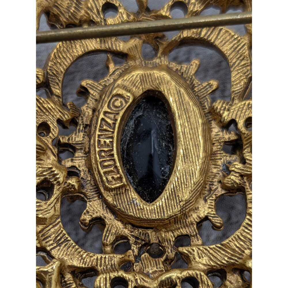Florenza Brooch Black Cabochon Drape Chain Gold Tone Filigree 2.5in Signed Pin - Picture 13 of 16